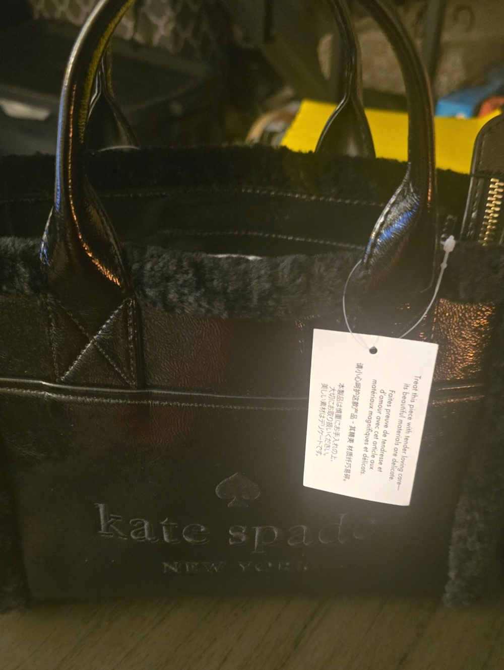 kate spade Black Faux Leather Tote with Fur Trim